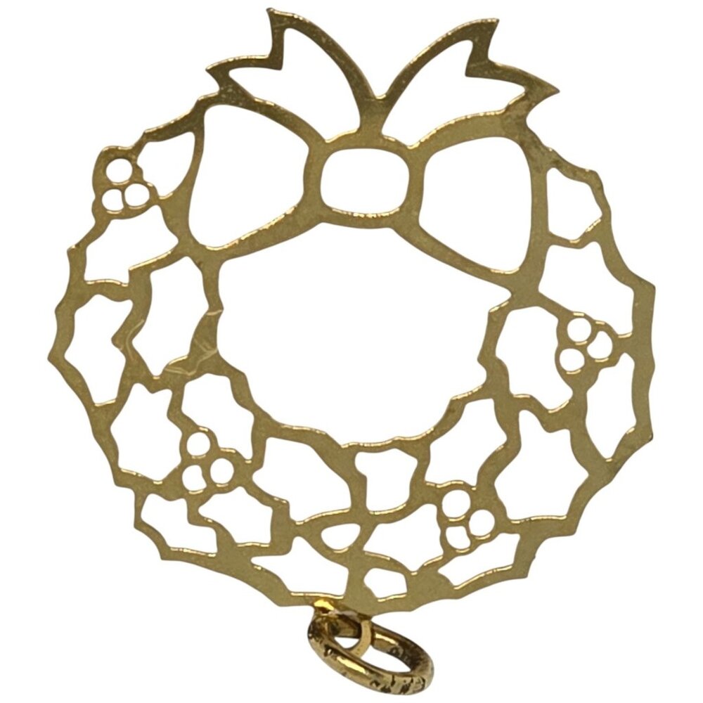 Vintage Gold Tone Christmas Wreath Holly Bow Cutout Metal Ornament Charm Decor